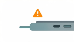 A minimalist illustration of a USB connector near a laptop's ports with an orange warning triangle above it