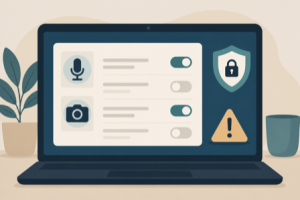 Flat illustration of a laptop settings panel with toggle switches, a microphone and camera icon, and a shield