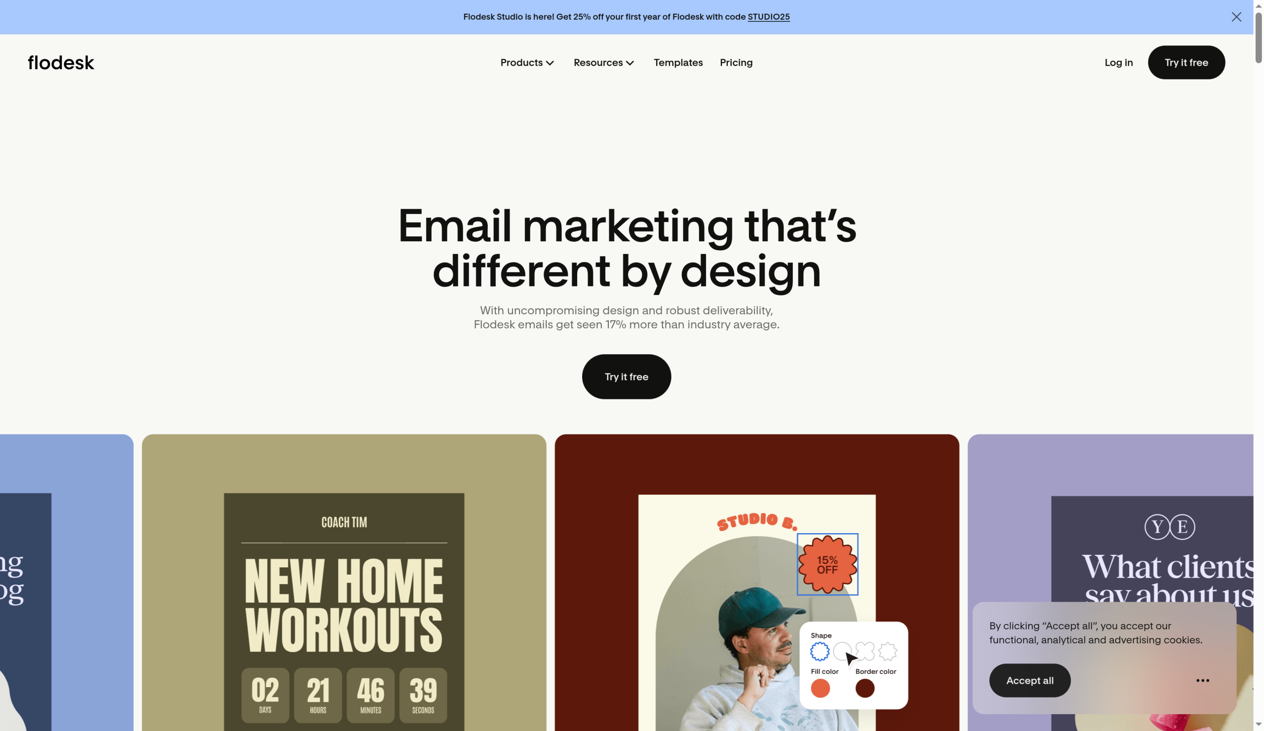 Flodesk homepage with the headline email marketing that is different by design