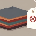 Folded low-cost garments beside a price tag stamped with a prohibition symbol and a euro coin