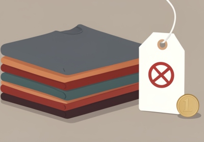 Folded low-cost garments beside a price tag stamped with a prohibition symbol and a euro coin