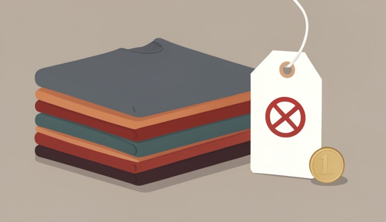 Folded low-cost garments beside a price tag stamped with a prohibition symbol and a euro coin
