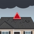 A suburban house with a slightly damaged roof under dark storm clouds with a red warning triangle above it