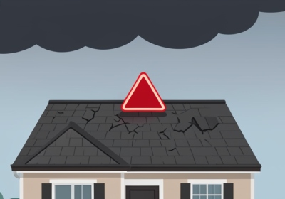 A suburban house with a slightly damaged roof under dark storm clouds with a red warning triangle above it