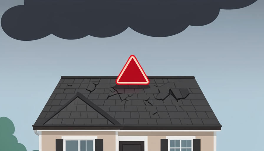 A suburban house with a slightly damaged roof under dark storm clouds with a red warning triangle above it