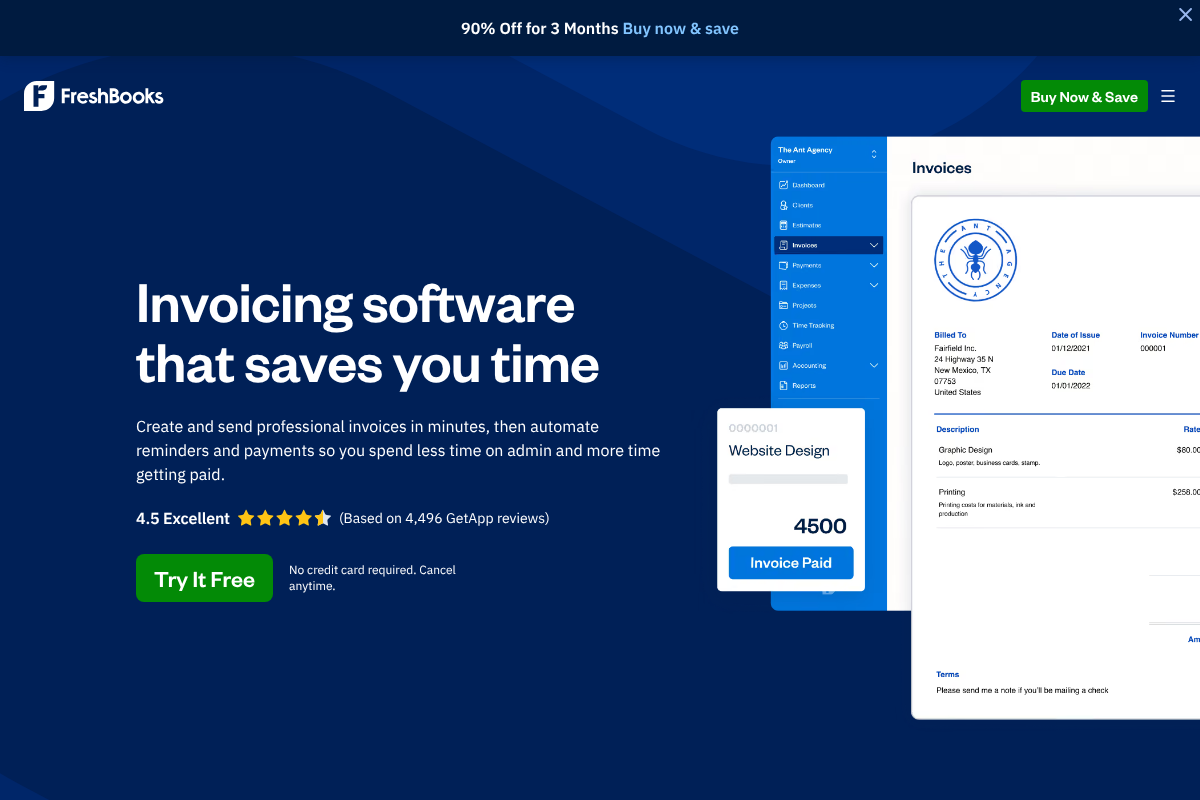 FreshBooks invoicing software page with the headline Invoicing software that saves you time