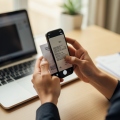 A person photographing a medical receipt with a phone next to a laptop and paperwork on a desk