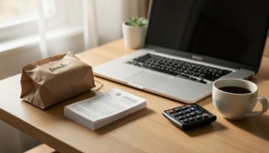 A person organizing pharmacy and online-order receipts beside a laptop to file an FSA reimbursement claim
