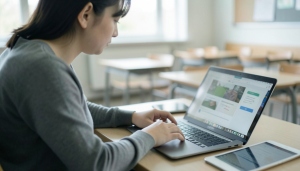 A teacher reviewing admin privacy settings on a laptop in a classroom