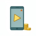 A minimalist illustration of a smartphone showing a play button beside a small stack of coins with a tiny warning triangle