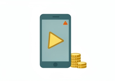 A minimalist illustration of a smartphone showing a play button beside a small stack of coins with a tiny warning triangle