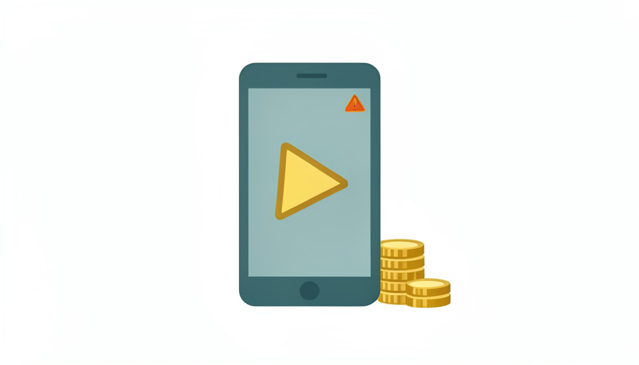 A minimalist illustration of a smartphone showing a play button beside a small stack of coins with a tiny warning triangle