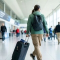 A traveler with a passport and phone walking through a bright airport arrivals hall