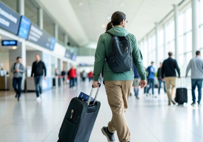 A traveler with a passport and phone walking through a bright airport arrivals hall