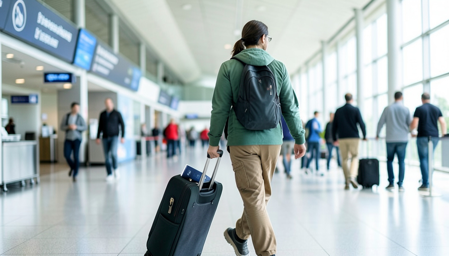 A traveler with a passport and phone walking through a bright airport arrivals hall