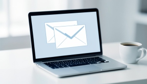 A blogger checking email newsletter settings on a laptop at a desk
