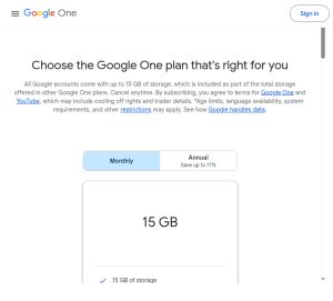 Google One storage plans page