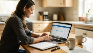 A person reviewing a household budget on a laptop at a kitchen table with two coffee mugs nearby