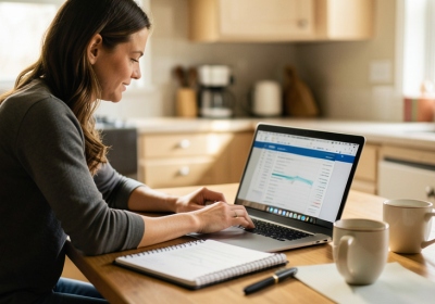 A person reviewing a household budget on a laptop at a kitchen table with two coffee mugs nearby