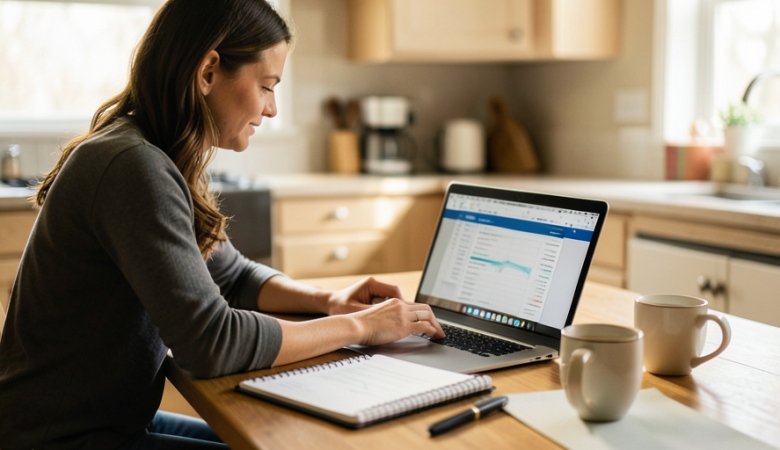 A person reviewing a household budget on a laptop at a kitchen table with two coffee mugs nearby