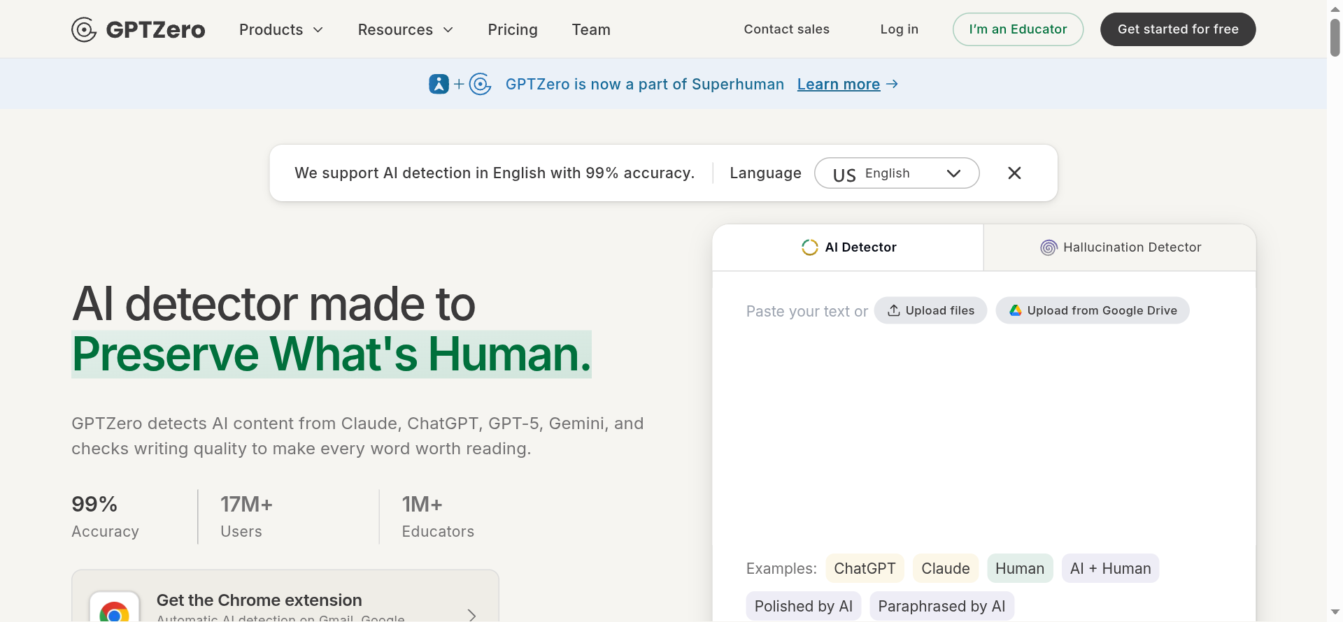 GPTZero AI writing detection homepage