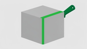 A green paint roller leaving a bright green stripe across a plain gray product box