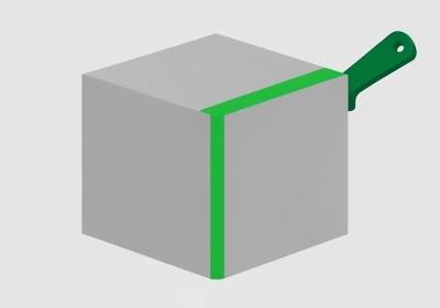 A green paint roller leaving a bright green stripe across a plain gray product box