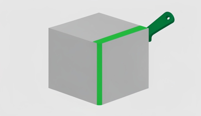 A green paint roller leaving a bright green stripe across a plain gray product box