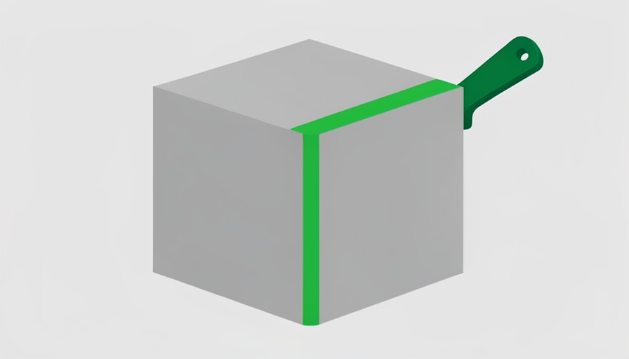 A green paint roller leaving a bright green stripe across a plain gray product box