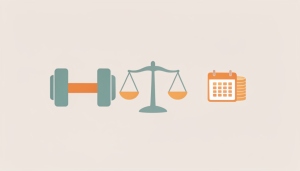 Flat illustration of a dumbbell, a balance scale, and a calendar with coins, representing a fitness spending decision