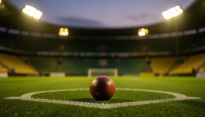 A football on the centre spot of a floodlit stadium pitch at dusk
