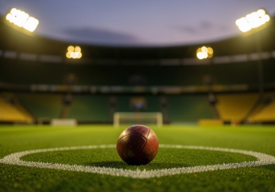A football on the centre spot of a floodlit stadium pitch at dusk