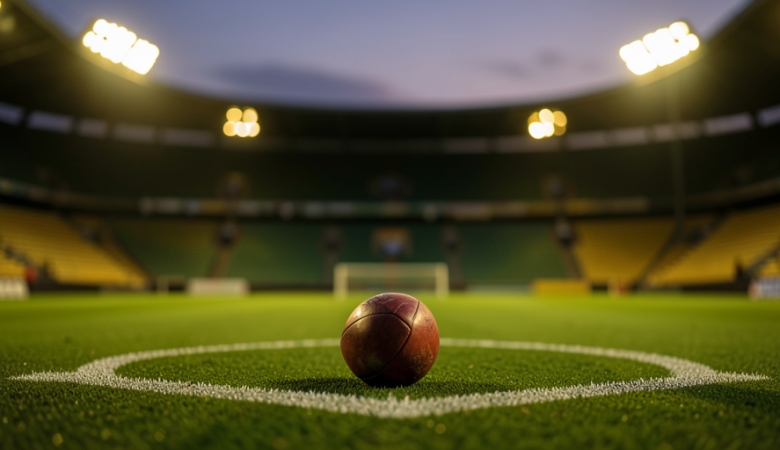 A football on the centre spot of a floodlit stadium pitch at dusk