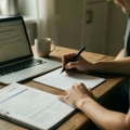 A person at a kitchen table drafting an appeal letter beside an insurance denial notice and medical paperwork
