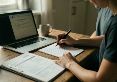 A person at a kitchen table drafting an appeal letter beside an insurance denial notice and medical paperwork