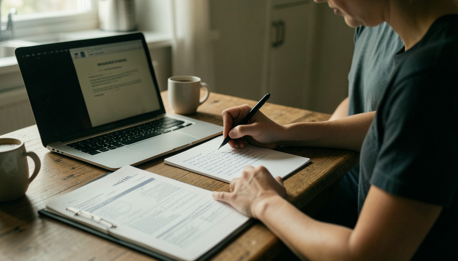 A person at a kitchen table drafting an appeal letter beside an insurance denial notice and medical paperwork