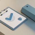 3D compliance clipboard with a check mark, a shield icon, and a filing folder on a desk