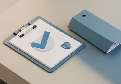3D compliance clipboard with a check mark, a shield icon, and a filing folder on a desk