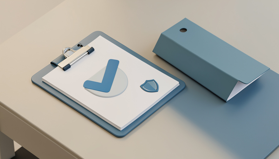 3D compliance clipboard with a check mark, a shield icon, and a filing folder on a desk