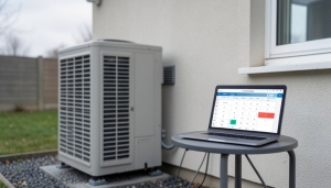 A homeowner using a laptop sizing calculator next to a heat pump outdoor unit