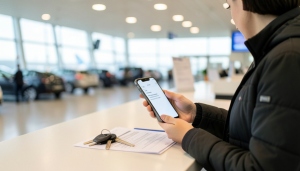 A traveler checking a card statement on a phone at a rental car counter