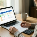 A person comparing savings account options on a laptop with a notebook and calculator on a desk