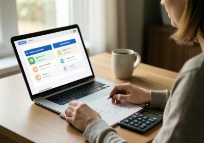 A person comparing savings account options on a laptop with a notebook and calculator on a desk