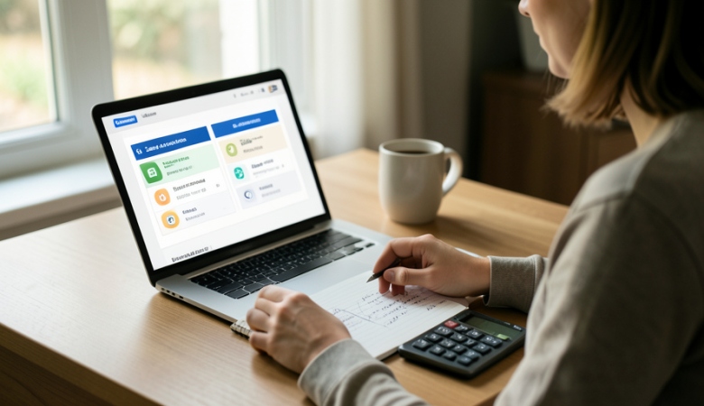 A person comparing savings account options on a laptop with a notebook and calculator on a desk
