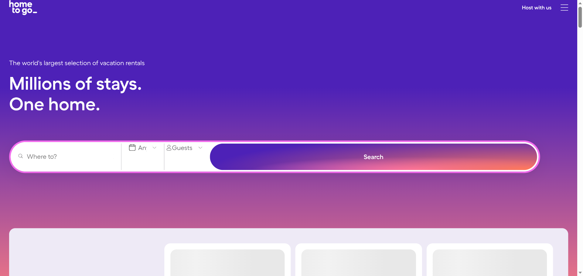 HomeToGo vacation rental search engine homepage