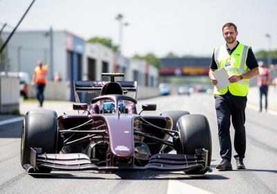 Formula 1-style car in the pit lane beside a race official in a high-visibility vest