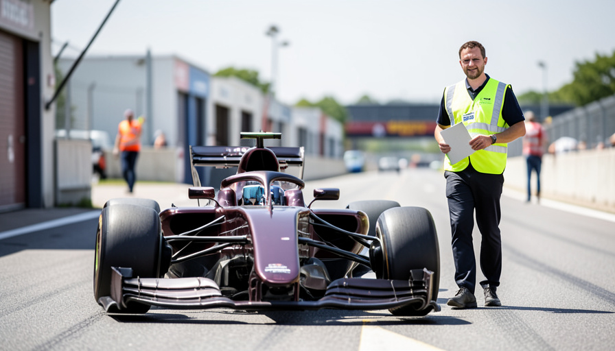 Formula 1-style car in the pit lane beside a race official in a high-visibility vest