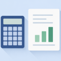 Flat illustration of a calculator next to a report card with a small bar chart