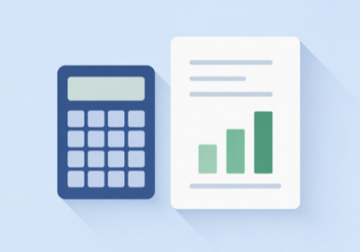 Flat illustration of a calculator next to a report card with a small bar chart