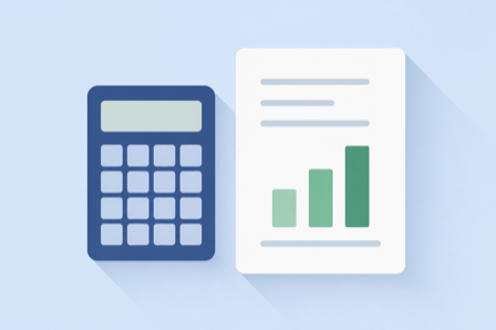 Flat illustration of a calculator next to a report card with a small bar chart